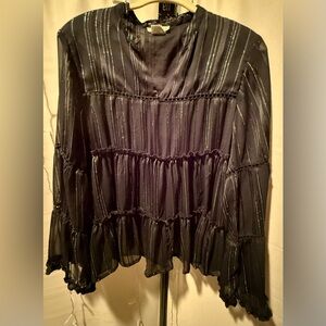 Sweet Magnolia Brand Women’s Elegant Black Blouse W/ Silver Stripes.  Size Large